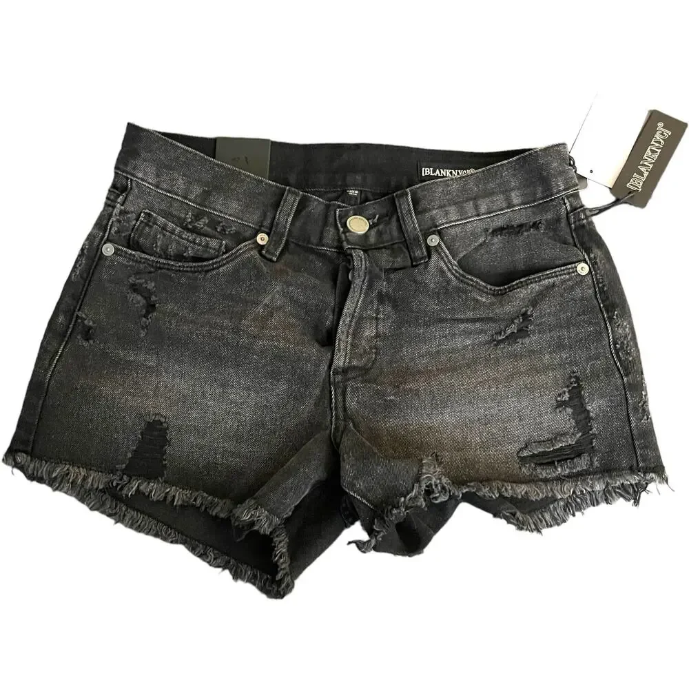 Blank NYC Shorts Womens 26 Washed Black Distressed Denim Mid Rise Button Fly NWT - Picture 15 of 16